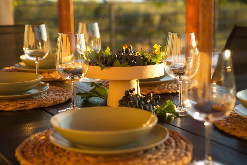 Nicely served terrace table with freshly picked grapes